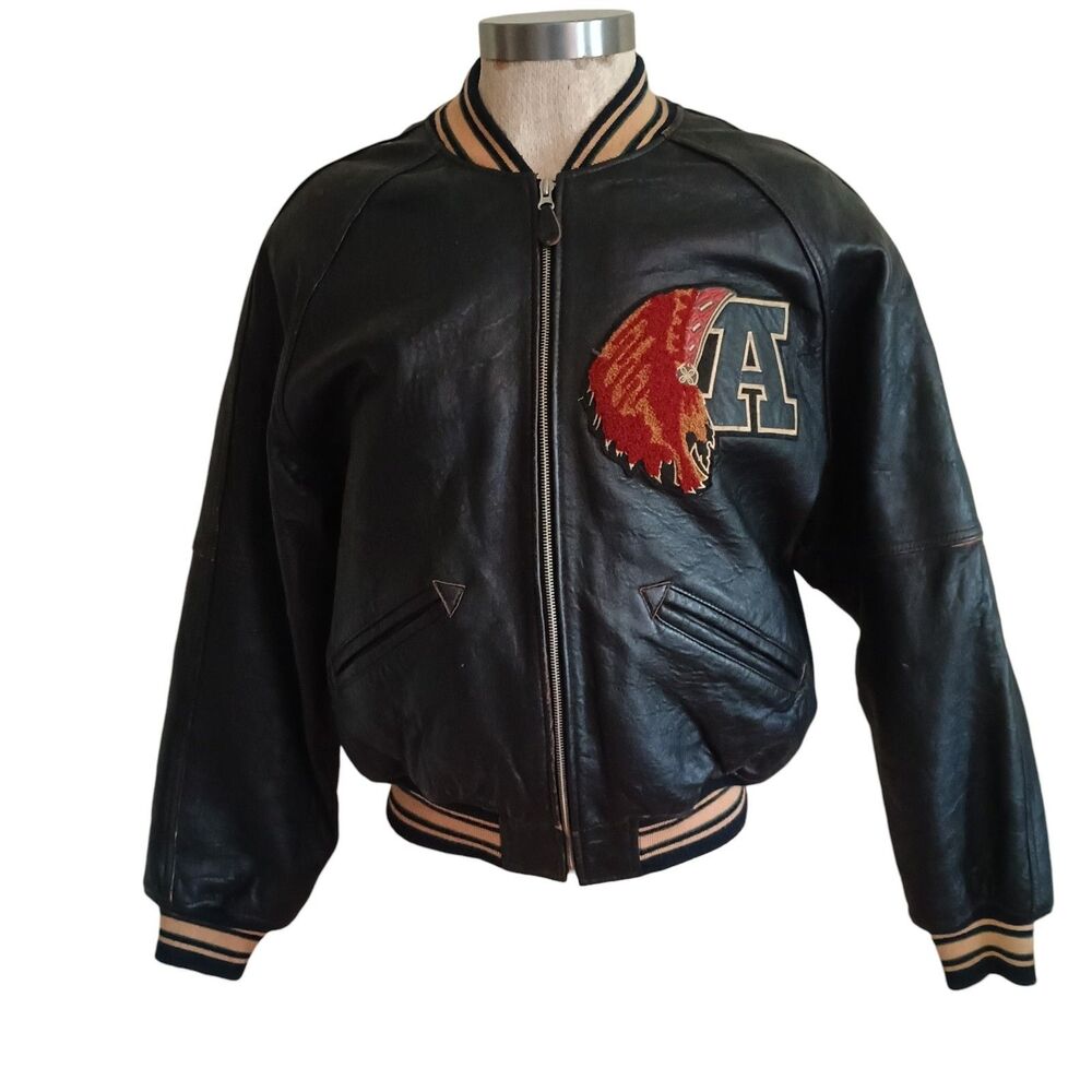 AVIREX TOMAHAWKS Varsity Jacket Black Leather Mens Size L Vintage